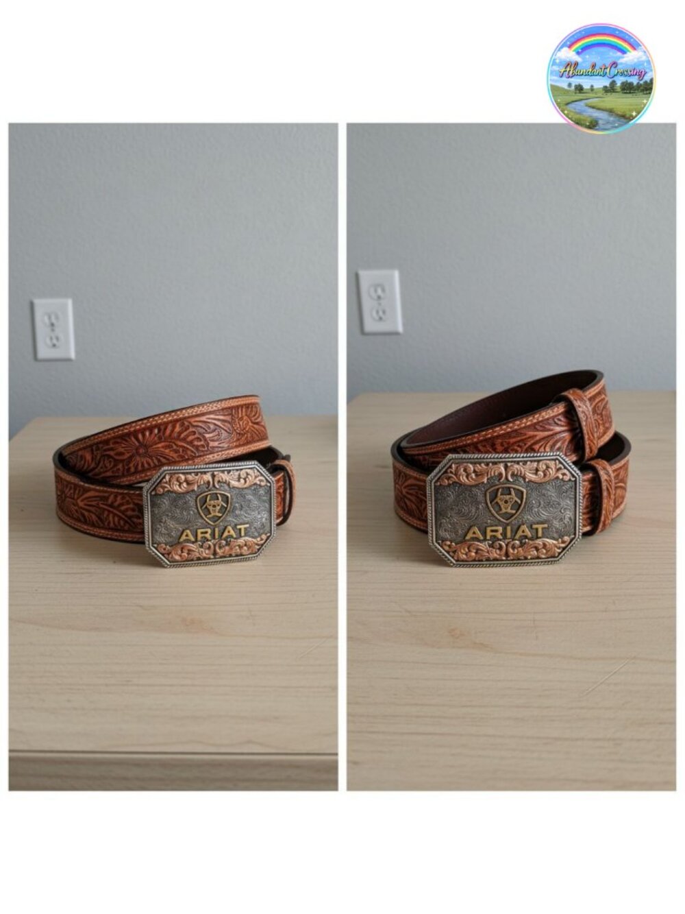 Men's Floral Embossed Leather Belt Tapered Western Two-Tone Buckle